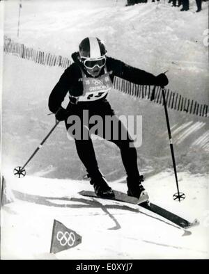 Feb. 02, 1968 - Winter Olympics - Australia win the Gold and Bronze in Women's downhill ski race: Olga Pall, a 20-year-old Austrian girl, scored a decisive victory and win a gold medal in the Women's Downhill Ski race at Chamrousse today. Isabelle Mir, of France was second and Christihass, Austria's defending Olympic champion took third place. Photo shows Austria's Olga Pall in action as she wins the Women's Downhill race at Chamrousse today. Stock Photo