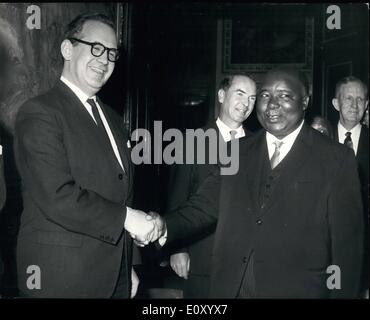 Feb. 02, 1968 - Swaziland Independence Conference: The opening ceremony of the Swaziland Independence Conference took place today at Marlborough House, London. The Secretary of State for Commonwealth Affairs (Mr. George Thomson) presided at the ceremony. Leading the Swazi delegation was Prince Makhosimi Dlamini, the first Prime Minister. Photo Shows Mr. George Thomson (left) seen greeting Prince Makhosini Dlamini, at Marlborough House today. Stock Photo