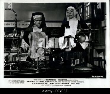 Apr. 10, 1968 - Rosalind Russell, as the Mother Superior of St. Mary's Academy, tells Sister George (Stella Stevens), left, that teaching girls how to make a bomb is not a part of the school's curriculum in this scene from ''Where Angels Go Trouble Follows'' which opens Friday at the Cherry Creek and Villa talia Cinemas and Loew's Northglenn Theatre. Stock Photo