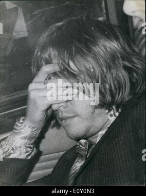 May 05, 1968 - Rolling Stone Arrested. Brian Jones Face Drug Charge: Pop Star Brian Jones of the Rolling Stones, was arrested at his Chelsea flat today and taken to the local police station and charged with possessing a quantity of cannabis under the Dangerous Drug Act. He appeared in court at Marlborough Street later. Four officers, including a woman detective, went to his flat just after 7 a.m. They had a search warrant and after inspecting the flat, took away a substance for forensic tests. Brian Jones was alone in the flat, which is one the third floor, when the detectives called Stock Photo