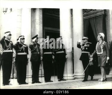 Mar. 03, 1968 - Salutes For The Regent: A military parade was held in Athens on the occasion of the anniversary of the Greek Revolution against the Turkish on March 25th, 1821. The Parade was attended by Regent Gen. Zoitakis, the Prime minister Mr.Papadopoulos and other members of the National Government. Photo Shows Regent General Zoitakis, accompanied bu his wife, acknowledges saluted, an leaving Athens Cathedral after a service. Stock Photo