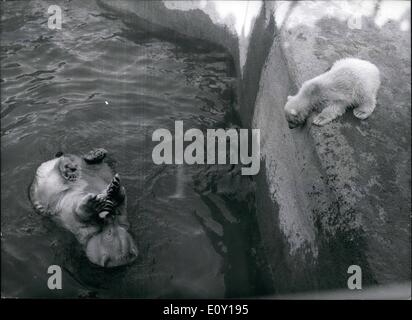 Mar. 03, 1968 - Reluctant Pipaluk. Come On In - The Water's Fire: Photo Shows Sally, the polar bear, lying on her back playing with a ball in the water watched by her famous off spring, Pipaluk, who was reluctant to enter the water with her, at the London zoo today. Stock Photo