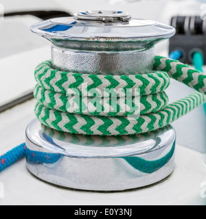 Sail boat - close up on winch and rope Stock Photo