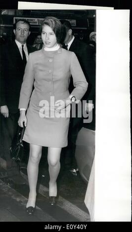 Oct. 10, 1968 - Princess Anne Starts Course In French. Wears A Way-Out Watch: Princess Anne today started a six week ''crash'' course in French, at the Berlitz School of Languages in Oxford Street, London. It is five days a week from 9 a.m. to 7 p.m., with an hour's break for lunch. The Princess, who left Benenden School, Kent, at the end of the summer term, passed her ''0'' level in French in July 1966. Photo shows Princess Anne, wearing a way-out watch - arriving at the Berlitz School of Languages today. Stock Photo