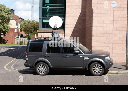 satellite news uplink on landrover vehicle in city centre Preston England UK Stock Photo