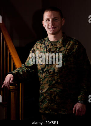 US Marine LCpl Kyle Carpenter portrait during the first corporals course for wounded warriors at the Walter Reed National Military Medical Center January 12, 2012 in Bethesda, Maryland. Carpenter sustained wounds from an enemy grenade in Marjah, Afghanistan will be awarded Medal of Honor for conspicuous gallantry by President Barack Obama in a White House ceremony on June 19, 2014.