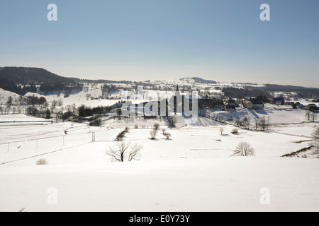Chastreix village in winter, Puy de Dome, Auvergne, France Stock Photo