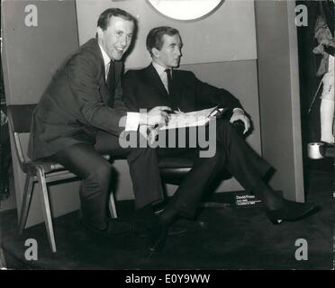 Sep. 09, 1969 - David frost at unveiling of figure at Tussaud's: David Frost was present last evening at the unveiling of his own figure on his introduction into Madame Tussaud's. The unveiling took place during a buffet supper given as part of the Westinghouse Group convention - ''Ferecast; 1970's - Decade of Decision' - for leading American businessman and civic leaders. The figure will take its place with other Television personalities, including Cliff Michel more and Bamenn Andrews. Photo shows David Frost pictured with his wax figure at Madame Tussaud's last night. Stock Photo