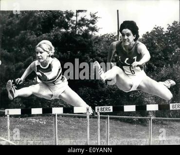 Jul. 07, 1969 - World Record in Swiss Championships. The young Swiss athlete, Meta Antenen yesterday set up a new world record in the Women's Pentathlon with 5,046 points. Photo shows Meta Antenen (left) competing in the 100M. hurdles during the women's pentathlon in Basle in which she gained a world record total of 5,046 points. On right is Elizabeth Waldburger. Stock Photo