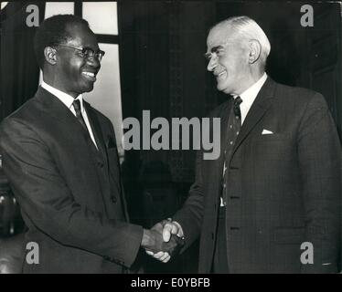Oct. 10, 1969 - Ghana Prime Minister Calls on Mr. Stewart. The Prime Minister of Ghana, Professor K.A. Busia, who has arrived in London with a party of his Ministers and leading officials, for a sixty day visit during which they will have discussions on various subjects relating to Ghana.British relations, today called on the Foreign Secretary Mr. Michael Stewart, at the Foreign Office. Keystone Photo Shows: Professor K.A. Busia pictured with Mr. Michael Stewart at the Foreign Office. Stock Photo