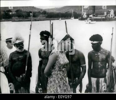 Apr. 04, 1970 - Royal Tour of Australia. Princess Anne Sees Re Enactment of Captain Cook's Landing. Photo Shows: Princess Anne talks to natives at Cooktown, North Queensland today, during a re-enactment of Captain Cook's landing. Stock Photo