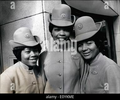 Sep. 02, 1970 - September 2nd, 1970 First United Kingdom based coloured stewardesses. The first United Kingdom-based coloured stewardesses to be employed by an independent airline receiving their wings at the London offices of British Midland Airways yesterday. From left: Innez Matthews, 29, of Camberwell, Irma Reid, 28, of Hampstead, and Cindy Medford, 23 of Shepherd's Bush. Stock Photo