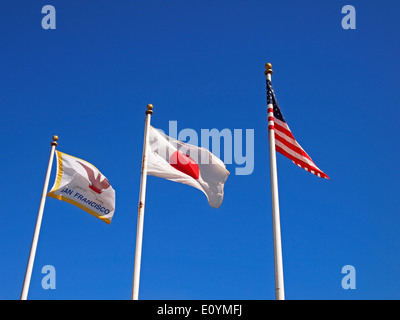 Flags of San Francisco, Japan, United States in Japantown, San Francisco Stock Photo