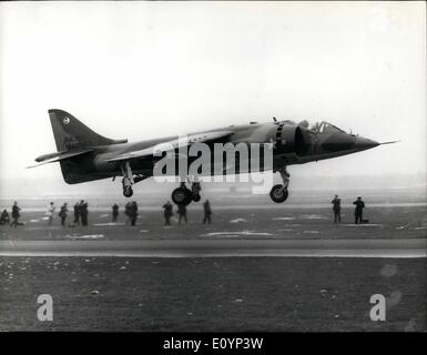 Jan. 01, 1971 - U.S. Marines Take Delivery of British Built Harrier. A Hawker Siddeley Harrier AV-8A vertical take off and landing strike aircraft, the first of 12 ordered for the United States Marine Corps, giving a demonstration flight at Dunsfold, Surrey, where it was handed over yesterday. It is the first time since the 1914-18 war that Britain has sold home built operational military aircraft to America. Stock Photo