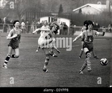 Mar. 01, 1971 - The World's Most Beautiful Football Match - The World's Most Beautiful Football match presented by Jon, Marc & Paul, Hairdressers - took place yesterday at Hurlingham Stadium Between the Lumley Loavers and the Robinson Ravers - Two Teams of Beautiful girls from rival model agencies Peter Lumley and Gavin Robinson. The match was in aid of Charity. Photo Shows Incident During the Match at Hurlingham Stadium Yesterday. The Robinson Ravers team wore leopard shorts. Stock Photo