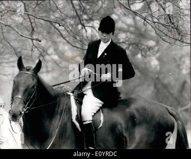 Apr. 04, 1971 - Badminton Horse Trials. Princess Anne leads dressage.: Princess Anne and Doublet, the horse the Queen gave her earlier this year, are leading after the first day of Dressage at the Badminton three-day event, on the Duke of Beaufort's estate in Gloucestershire. Photo shows Princess Anne after taking part in the dressage yesterday. Stock Photo