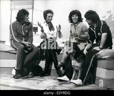 Apr. 04, 1971 - PRINCESS ANNE APPEARS ON BLUE PETER TELEVISION PROGRAMME ON BBC 1: PRINCESS ANNE made a visit yesterday to the 'Blue Peter' T.V. Programme at Shepherd's Bush BBC 1 studios which went out live to eight million viewers. With the three members of the programme Valerie Singleton, John Noakes, and Peter Purves. Princess Anne talked about her recent visit to Kenya,as well as showing some of her own photographs and souvenirs of her trip Stock Photo