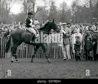 Apr. 04, 1971 - PRINCESS ANNE COMPETES IN THE CROSS-COUNTRY TEST AT THE BADMINTON HORSE TRIALS THREE-DAY EVENT. Princess Anne, riding her horse Doublet, came through her big cross-country test at the Badminton Horse Trials Three-day event this afternoon with flying colours. Watched by other members of the Royal Family she successfully completed the demanding course in good time Stock Photo