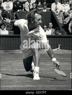 Jun. 06, 1971 - Shock Defeat of Rod Laver (Australia) by Tom Gorman (US) at Wimbledon Rod Laver (Australia) was surprisingly beaten by Tom Gorman (US) in the Wimbledon Tennis Championships this afternoon. Photo Shows: Rod Laver in action during his match against Tom Gorman (US) today. Stock Photo
