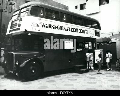 Jun. 06, 1971 - London Bus now a hamburger stand in Tokyo; A London double decker bus brought to Japan for ''British Week'' in 1969, has become a stand selling American Hamburgers in downtown Tokyo. So far the company who brought the bus has served 14,000 customers with hamburgers and ice cream on the 28 seat top deck, the lower platform is part kitchen and store room. Photo Shows Exterior view of the London bus now a non-running Tokyo hamburger and ice cream parlour. Stock Photo