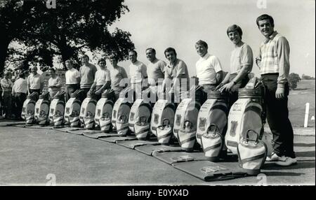 Sep. 09, 1971 - Ryder Cup Golfers Practise. British Ryder Cup golfers were getting in some final practise at South Herts, Totteridge, before their departure for the United States. Keystone Photo Shows:- A line-up of the British Ryder Cup team (with the exception of Neil Coles, who has already left by sea), pictured at the South Herts Golf Club. (L to R): Eric Brown (captain); Brian Huggett; Brian Barnes; Peter Oosterhuis; Peter Townsend; Bernanrd Gallacher; Peter Butler; Christy O;Connor; Tony Jacklin; Maurice Bembridge; John Garner, and Harry Bannerman. Stock Photo