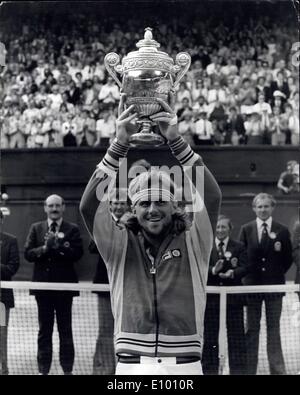 Feb. 09, 1972 - Bjorn Borg Wins Wimbledon for the Fourth Time in a Row. Today on the Centre Court at Wimbledon, Bjorn Borg of Sweden, won the Men's Single title for the fourth successive times when beating the American Roscoe Tanner in five sets. Photo Shows: Borg holds up the trophy after winning the singles championship for the fourth successive time. Stock Photo