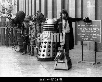 Dr Who oldest villain, a DALEK waits in line for a US passport with the 4th Time Lord Doctor TOM BAKER and robot dog K-9. Stock Photo