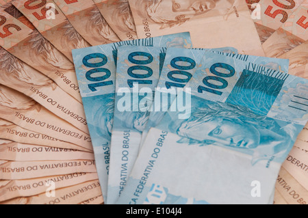 A few bills of brazilian currency (real) Stock Photo