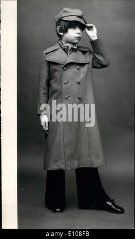 Mar. 03, 1970 - Children's Fashion Show: Rocking Horse Ltd - today showed their boys' and girls' clothes for Spring/Summer 1970. Photo shows Simon Redman wears boy's Green wool mixture midi coat - matching trousers and cap. Stock Photo