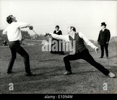 Mar. 10, 1970 - 100,000 Duel On Blackheath - Rehearsals For New Play. For the first time since 1832, duels were fought on Blackheath this morning, when actors Gerald Harper, David Cook and Roger Ostime fought with epees as part of their rehearsals for a new play at Greenwich Theatre. The duels grew out of rehearsals at Greenwich theatre for John Bowen's new play - The Corsican Brothers Stock Photo