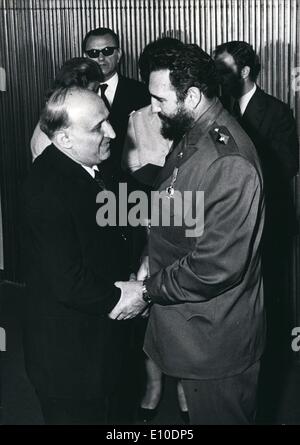 May 05, 1972 - Todor Zhivkov, First Secretary of the Central Committee of the Bulgarian Communist Party and chairman of the State Council of Bulgaria /left/presented Major Fidel Castro, Prime Minister of the Revolutionary Government and First Secretary of the Cuban Communist Party, with the high Bulgarian order ''Georgi Dimitrov' Stock Photo