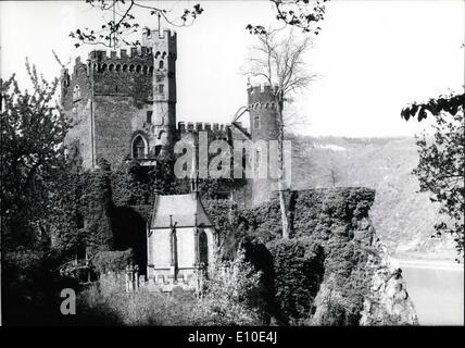 May 05, 1972 - German Castles are offered for sale in Japan A commercial house in Tokyo offers castles from the area of the ''Rhein'' and the surrounding of Nurnberg. The castle ''Rheinstein'' near Trechtinghausen, mentioned in documents since 1279, is one of the most beautiful testimonial of the ''chivalry'' past, and is since 1953 a property of the ''Duchess of Mecklenburg''. It is under memorial production and cannot be changed by the new owner. The ''would be'' lord of the castle will have to spend a lot of money: 3.6 million of DM for the historical ''home'', including land and woods. Stock Photo