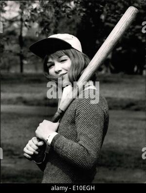 May 11, 1972 - Actress Glenda Jackson take up American Baseball: Scenes were being shot in Hyde Park today filming sequences for the new Melvon Frank film ''A Touch of Class'', which started production film ''A touch of Class'', which started production this week. One of the film sequences being shot was a group of Americans playing a baseball game in which Glenda Jackson, making her screen romantic comedy debut) and her co-star George Segal took part. Photo shows Glenda Jackson is ready for action during today's baseball game film sequence in Hyde Park. Stock Photo