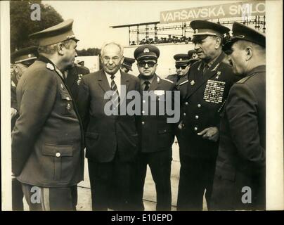 Aug. 22, 1972 - The ''Bouclier 72'' operations have been completed by the Armed Forces in Czechoslovakia Based on the Warsaw Pact. Pictured from left to right: Germany's Minister of Defense, General Hoffmann; General Secretary of Czechoslovakia, Gustav Husak; Hungary's Minister of Defense, L. Czinege; USSR Minister of Defense, Marshal Andrei A. Grechko; and Bulgaria's Minister of Defense, General D. Dzhurov. Stock Photo