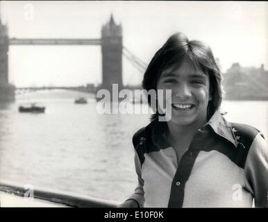 Sep. 09, 1972 - David Cassidy in London.: American singer David Cassidy is in London for TV appearances, radio broadcasts and to discuss his forthcoming European Concert Tour scheduled for early 1973. During his visit in London, David is staying aboard the 120-foot luxury yacht 'Ocean Sabre' which he has personally chartered and which is moored on the Thames off Tower Pier. Photo shows David Cassidy pictured on board the 'Ocean Sabre;, showing Tower Bridge in the background today. Stock Photo