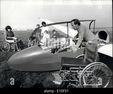 Sep. 09, 1972 - Physically Handicapped Go Gliding: A pre-flight briefing for Mr. Arthur Agar, 28, who was been confined to a wheelchair throughout his life as a party of Physically Handicapped people from John Grooms Homes, Edgware, gathered on Dunstable Downs, Beds, yesterday for glide trips. Instructing Mr. Agar of Camberley Surrey, is Mr. John Jeffries, Chief flying instructor and manager of the London Gliding Club. Stock Photo