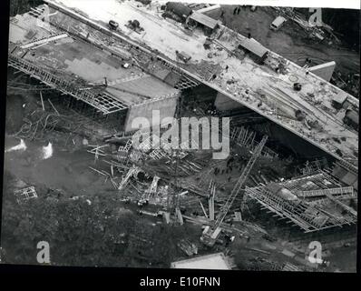 Oct. 10, 1972 - Three Killed In Bridge Collapse: Three men were killed and 10 seriously injured when steel scaffolding for a bridge on a link road for the M4 motorway, collapsed yesterday into a river bed at Woodley, near Reading. Photo shows Aerial view showing the section of the bridge for the M4 link road which collapsed into the River Loddon, near Reading yesterday. Stock Photo