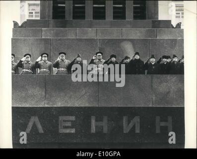 Nov. 09, 1972 - The Soviet capital celebrated the 55th anniversary of its Revolution with the traditional military parade on the Red Square in Moscow. The Soviet leaders attended the parade from a podium that was erected in front of the Lenin Mausoleum. Stock Photo