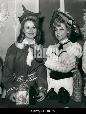 Nov. 11, 1972 - The Variety Club of Great Britain entertain ''Miss World'' finalists at a Luncheon: The Variety Club of Great Britain today entertained the 1972 ''Miss World'' beauty contest finalists at a luncheon at the Dorchester Hotel, Park Lane, London. The girls wore their national costumes. Photo Shows ''Miss Finland'' (Anneli Bjorkling) on left is pictured with ''Miss France'' (Claudine Cassereau) at the luncheon today. Stock Photo