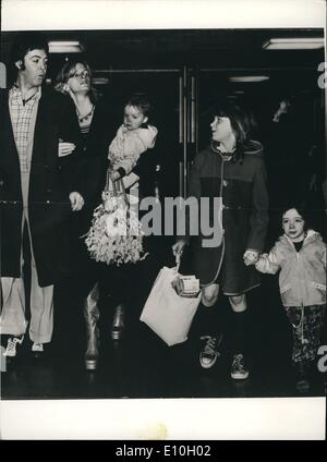 Feb. 02, 1973 - Paul off to the sun.: Paul McCartney and his family escaped Britain;s winter chills by flying off to Gibraltar yesterday. From there they will he heading fro Marrakesh. In Paul's arms was his one-year-old daughter Stella, and beside him his wife Linda and their other daughter Mary, aged three. Stock Photo