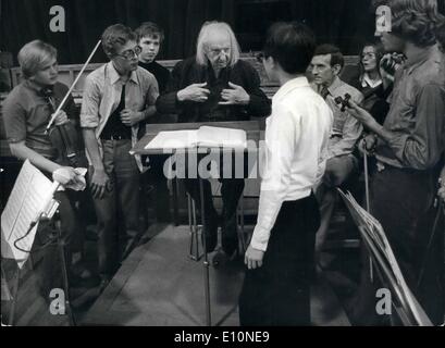 Aug. 08, 1973 - LEOPOLD STOKOWSKI AT REHEARSALS. LEOPOLD STOKOWSKI, 91, has a keen audience during rehearsals in London yesterday for the International Festival of Youth Orchestras' grand finale which he will conduct at the Royal Albert Hall tomorrow. Stock Photo