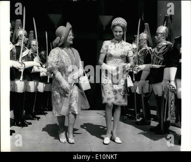Jul. 07, 1973 - Princess Anne attends wedding of One-time escort.; The wedding took place today at the Guards Chapel, betwen Captain Andrew Parker-Bowles, one time escort of Princess Anne and Camilla Shand, 25 year old ex-debutante daughter of Major Bruce Shand. Princess Anne and Queen Elizabeth the Queen Mother, attended the wedding. Photo shows Princess Anne and Queen Elizabeth the Queen Mother seen leaving after attending the wedding today, passing through the guard of honours. Stock Photo