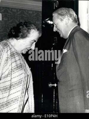 Nov. 11, 1973 - Mrs. Golda Meir Meets Mr. Heath: Mrs. Golda Meir, the Prime Minister of Israel, today met Mr. Edward Heath, Britain's Prime Minister, at No. 10 Downing Street. Photo Shows:- After you - Mr. Heath welcomes Mrs. Meir at No. 10 Downing Street today. Stock Photo