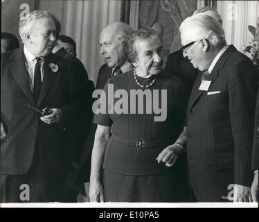 Nov. 11, 1973 - Mrs. Golda Meir At Socialist International Conference: Mrs. Golda Meir, Israeli Prime Minister talking to Dr. Bruno Pitterman of Austria, at the Churchill Hotel, Marylebone, where a conference of the Socialist International was held yesterday. The meeting was chaired by Mr. Harold Wilson (seeon on left) Stock Photo