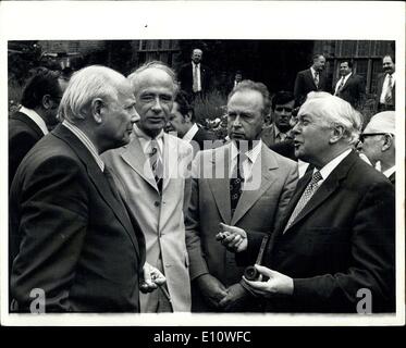 Jul. 02, 1974 - Premiere Meet At Chequers: Britain's Prime Minister Harold Wilson, on right, talks with Dutch Prime Minister Joop Den Uyl (left) as Israeli Premier Yitzhak Rabin (centre, right), and Norwegian Premier Trygve Brattely listen intently, prior to the Socialist International meeting at Chequers, the official country residence of the British premier, over the weekend. Stock Photo