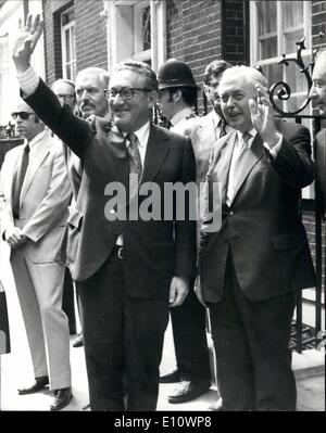 Jul. 07, 1974 - Dr. Kissinger sees Mr. Wilson: Dr. Henry Kissinger, the U.S Secretary of State, arrived is London this morning for talks to No.10 Downing Street to see Mr. Harold Wilson, the Prime Minister. Photo shows Dr.Henry Kissinger (left) and Mr. Harold Wilson, wave from outside No.10 Downing Street today. Stock Photo