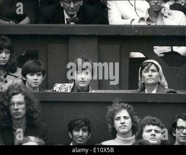 Jul. 07, 1974 - Tennis at Wimbledon. Ken Rosewall's family watch him win semi-final match.: Ken Rosewall of Australia, this afternoon beat Stan Smith (U.S.A.) in the Men's Singles semi-finals at Wimbledon. Photo shows Mrs. Wilma Rosewall,with her two sons, Brett, 15, and Glen, 12, look on during today's match, in which her husband Ken beat Stan Smith. Stock Photo