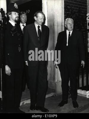 Aug. 08, 1974 - UN secretary general Dr Kurt Waldheim meets Mr Harold Wilson at no 10 The united nation's secretary general Dr Kurt Waldheim called on the prime minister Mr Harold Wilson at no 10 downing street this afternoon to discuss the cyprus situation. photo shows Mr Harold Wilson and Dr Kurt Waldheim seen outside no 10 today after their talks overthe cyprus situation. Stock Photo