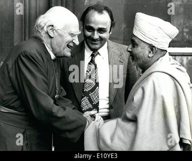 Sep. 09, 1974 - Archbishop Of Canterbury Receives Hindu Leader: The Archbishop of Canterbury, Dr. Michael Ramsey, today received the spiritual head of one of the largest Hundu movements, which has many thousands of adherents in Britain, at Lambeth Palace. today. He is His Devine Holiness Shree Pramukh Swami, who is on a visit to Britain from India as leader of the Shree Swaminarayan faith, which maintains a substancial mission in this country. Photo shows Dr. Ramsey seen greeting Shree Pramukh Swami on his arrival at Lambeth Palace today. Stock Photo
