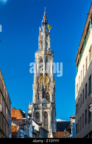 View down the Oude Koornmarkt towards the spire of the Cathedral of Our Lady in Antwerp. Stock Photo